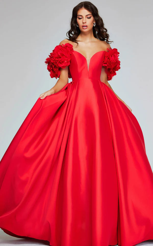 V Neck Off the Shoulder Sweep/Brush Train Prom Dress